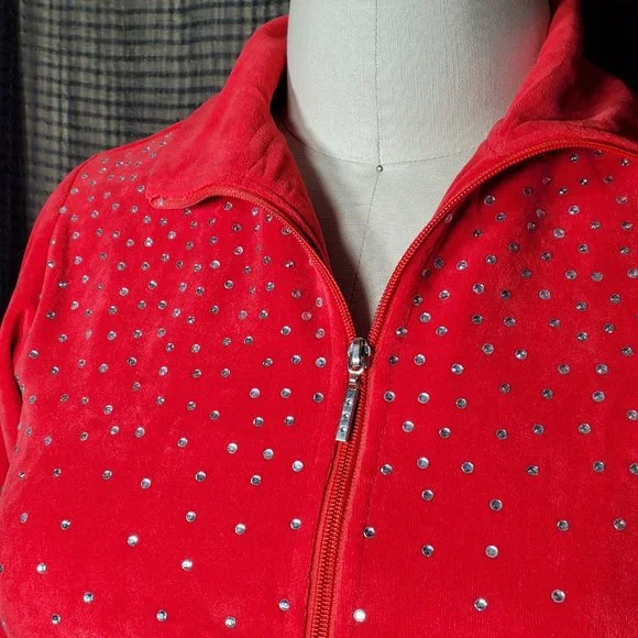 Anthony Richards, Velour Rinestone Zippered Jacket Size Med Petite Cherry Red - Picture 12 of 12